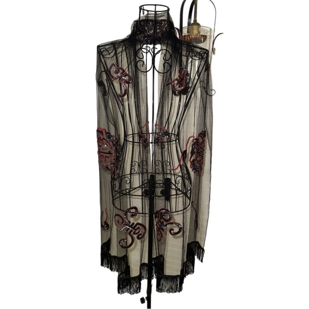 Etsy Women's Black Sheer Embroidered Geometric Rectangle Scarf sequin fringe